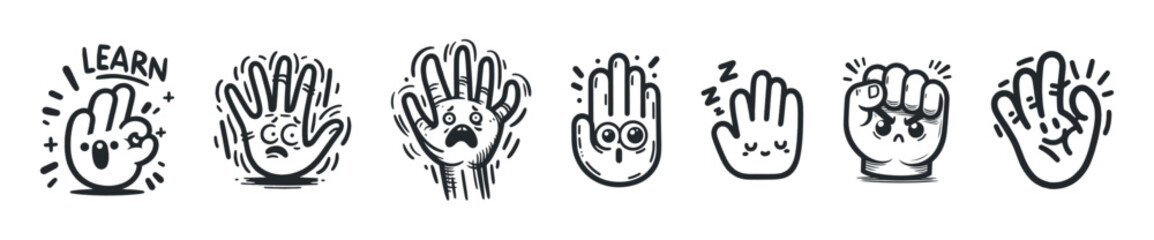 set of hands cartoon vector illustrations: frightened, angry, sleep etc
