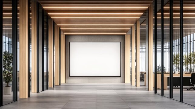 Modern Office Interior with Bright Hallway, Blank Frame, and Natural Light for Workspaces