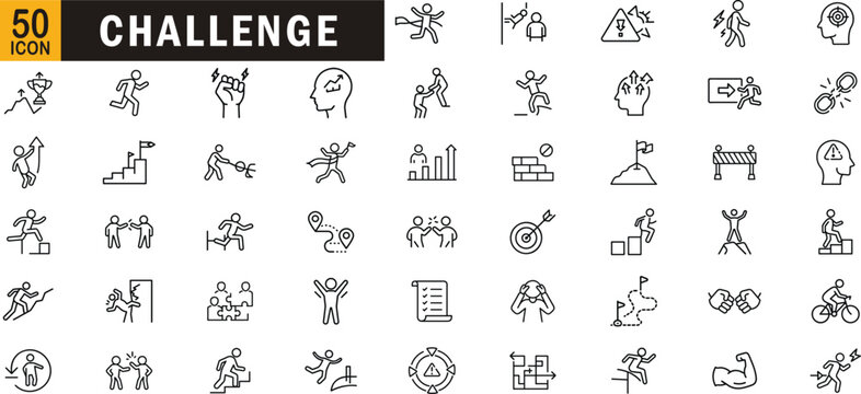 Challenge editable outline icon set. Goal, growth, effort, struggle, ambition, motivation and more.