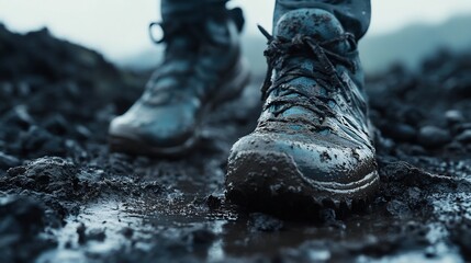 Trail running shoes a muddy mountain trail with dynamic lighting no human no labelling no logo