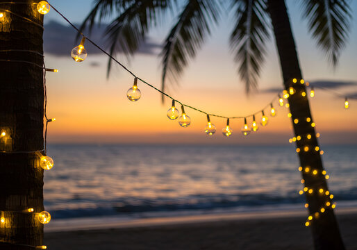 Tropical beach at dusk with string lights on palm trees