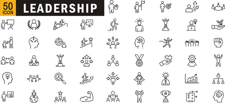 Leadership editable outline icon set. Growth, motivation, strategy, teamwork, management, success and more.