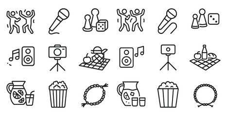Music and picnic outline icons set – line, leisure, entertainment symbols