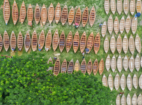 Aerial view of numerous wooden boats, neatly arranged on the vibrant green grass alongside the river, creating a beautiful contrast of textures and tones, Dhaka, Bangladesh.