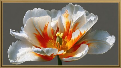 Close-up of a vibrant tulip with white petals and orange-red highlights