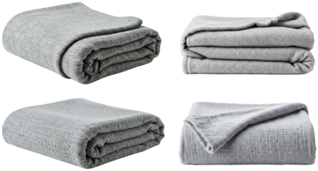 Soft grey blankets neatly folded in various styles on transparent background  