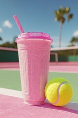 Pink smoothie cup with straw and tennis ball on a pastel sport court near palm trees, perfect for summer drinks, fitness, or trendy social media.