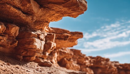 Close-up of reddish rock formations against a partly cloudy sky