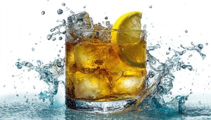 Iced tea splash in glass, lemon slice