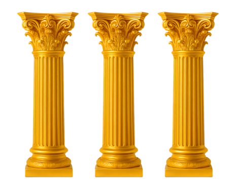 Set of three golden classical corinthian columns ancient architectural ornament 3d render greek roman structure isolated on transparent background