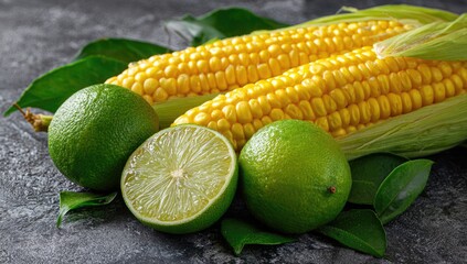 Two ears of yellow corn and three limes on dark surface with leaves