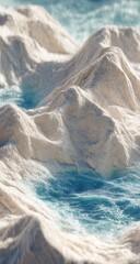 Close-up view of textured, light beige mountains resembling cloth, with turquoise water flowing through valleys