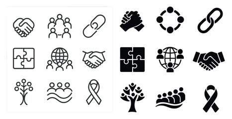 Community and collaboration icons set – silhouette, teamwork, synergy symbols