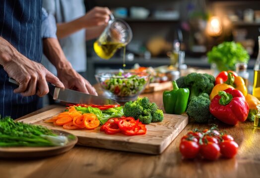 Colorful vegetables are being chopped in a cozy kitchen, showcasing a healthy cooking process.