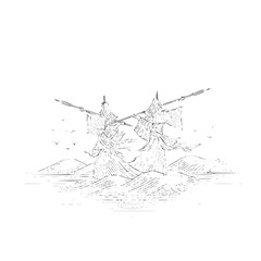 Two figures draped in cloth holding spears standing on a landscape with birds flying in the background