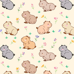 Seamless pattern with cute Capybara and funny cartoon animals on soft cream background