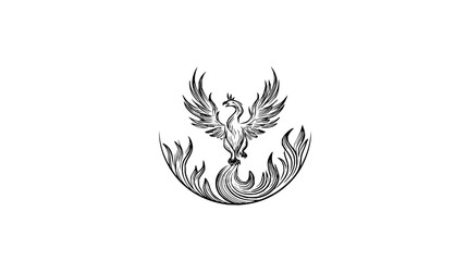Obraz premium A phoenix rising from stylized flames depicted in black and white with intricate line work and feather detail