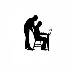 Silhouette of two people working together on laptop on white background