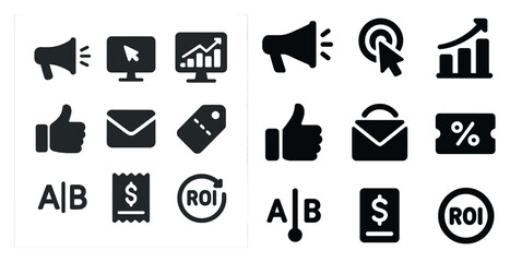 Digital marketing solid icons set – filled, advertising and analytics symbols