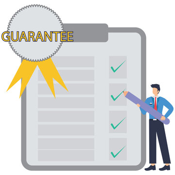 Flat illustration of quality control manager check compliance product with checklist clipboard and checkmark guarantee badge stock illustration