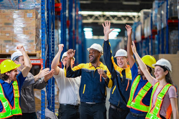 Warehouse team portrait with international staff. Powerful image for teamwork, diversity, and business cooperation campaigns.