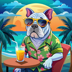 A cheerful bulldog in sunglasses enjoys a tropical beverage at a beachside cafe with a vibrant sunset and palm trees in the background, exuding a relaxing and playful vacation vibe.