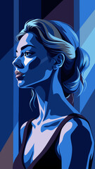 A modern stylized vector illustration of a young woman in blue and dark tones, enhancing her profile with shadow play, minimalism, and artistic elegance.