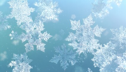 Winter wonderland scene.  Delicate snowflakes float against a soft teal background