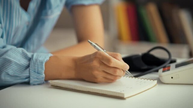 A man writes notes in a notebook while sitting at a table. In the photo, a tonometer for measuring blood pressure. Health care, checking blood pressure at home