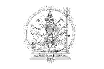 Illustration of vishwakarma seated in lotus position with tools and trident in his hands on a platform