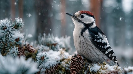 Fototapeta premium Woodpecker bird perched among snowy pinecones in a wintry forest scene, wildlife and seasonal nature background