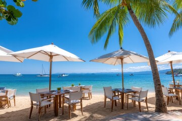Experience tranquil beachfront dining under palm trees and sunlit umbrellas, with stunning views of the blue ocean and distant boats, perfect for relaxation and a delightful meal.