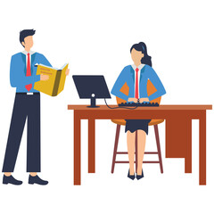 Flat illustration of businessman holds employee handbook providing onboarding procedures to new hires for company success stock illustration