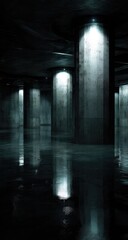 Dark, concrete parking garage interior with wet floor and spotlights