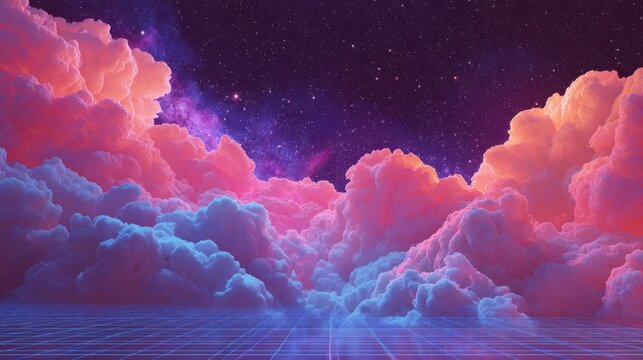 Surreal retrofuturistic sky with pink and blue clouds over a neon grid