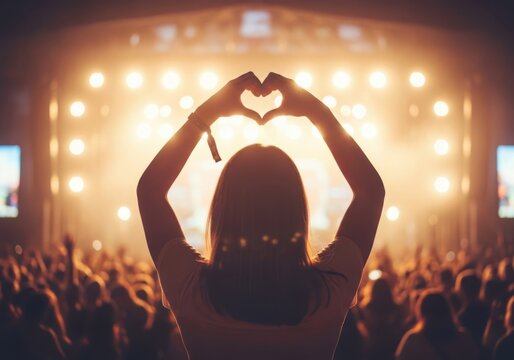 Fan makes heart shape with hands at energetic concert