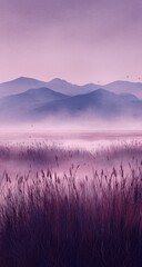 Misty purple mountains and tall grasses