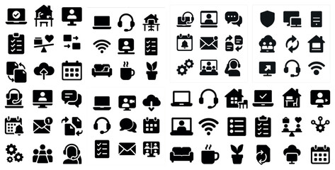 Communication and office solid icons set – filled, work, business essentials symbols