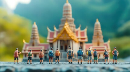 Miniature travelers exploring ancient temple grounds in a serene landscape