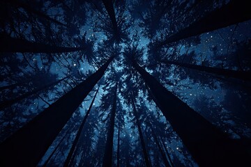 Starry night forest canopy. Looking up at towering trees. Silhouettes against a deep blue night sky