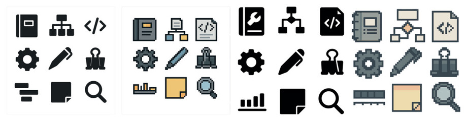 Technology pixel art icons set – digital, coding, it graphics collection