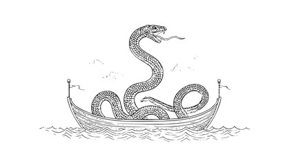 Obraz premium A detailed drawing of a sea serpent coiled inside a boat on the water with its tongue sticking out