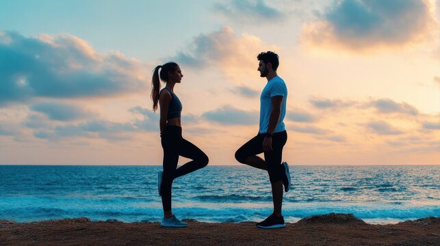 Two individuals practice yoga at sunset by the ocean, showcasing serenity and harmony.