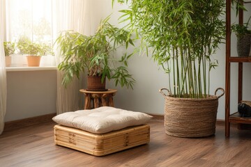 Light-filled room with plants, a cushion, and basket