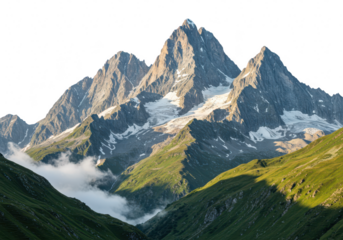 A majestic mountain range with green valleys and snowcapped peaks, isolated on transparent background