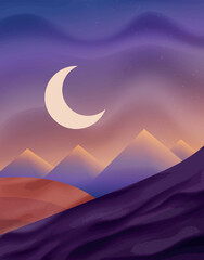 Mystic Crescent Moon Over Purple Desert Hills