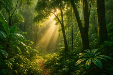 Obraz premium Serene forest landscape with sunlight filtering through trees