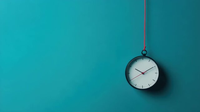 Minimalist clock hanging against blue wall with red string