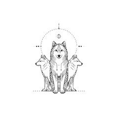 Three wolves symmetrically positioned with geometric shapes and lines in a minimalist style drawing art