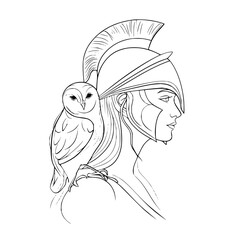 Illustration of athena wearing a helmet with an owl perched on her shoulder in a line drawing style